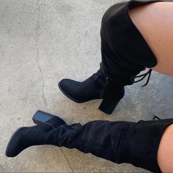 Soda Ebony Black Faux Suede Lace Up Heeled BOOTS - Picture 6 of 8